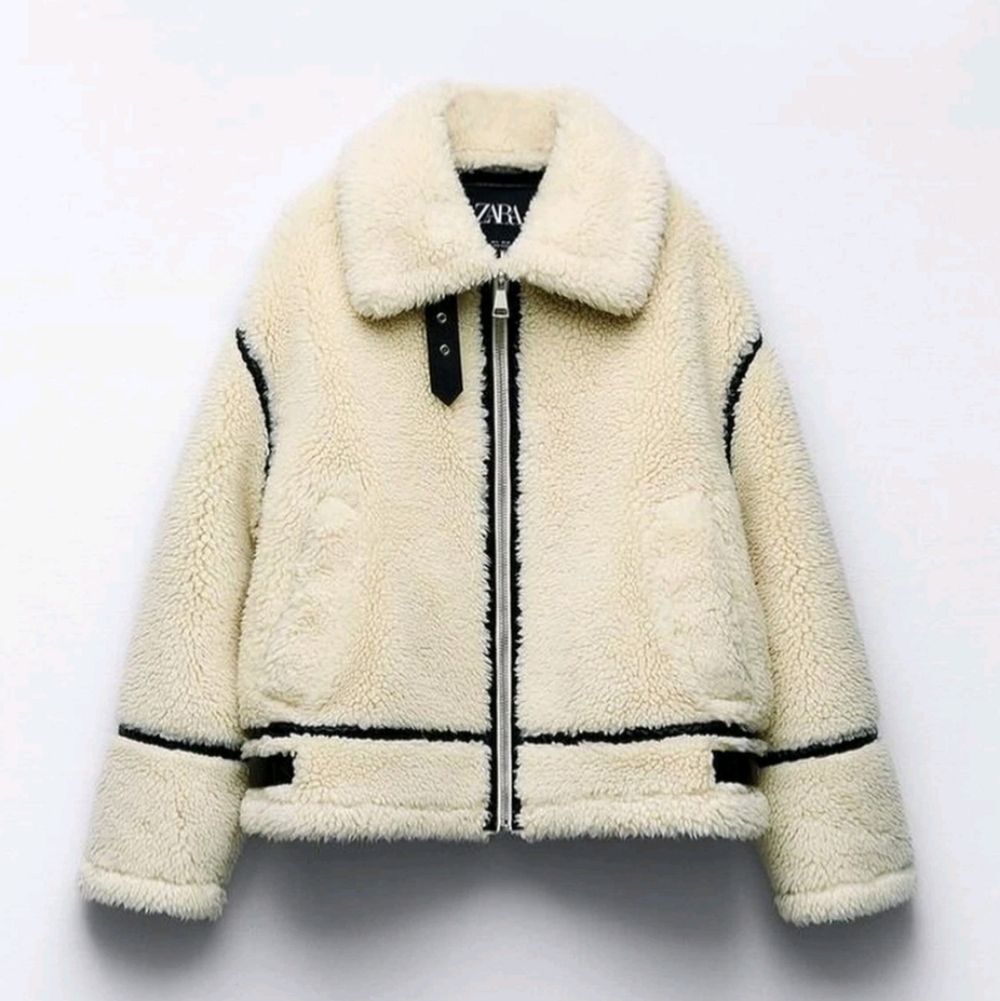 ZARA FAUX SHEARLING BIKER JACKET ZW COLLECTION ECRU (M) Retail $200 EUC-naked - Picture 5 of 16